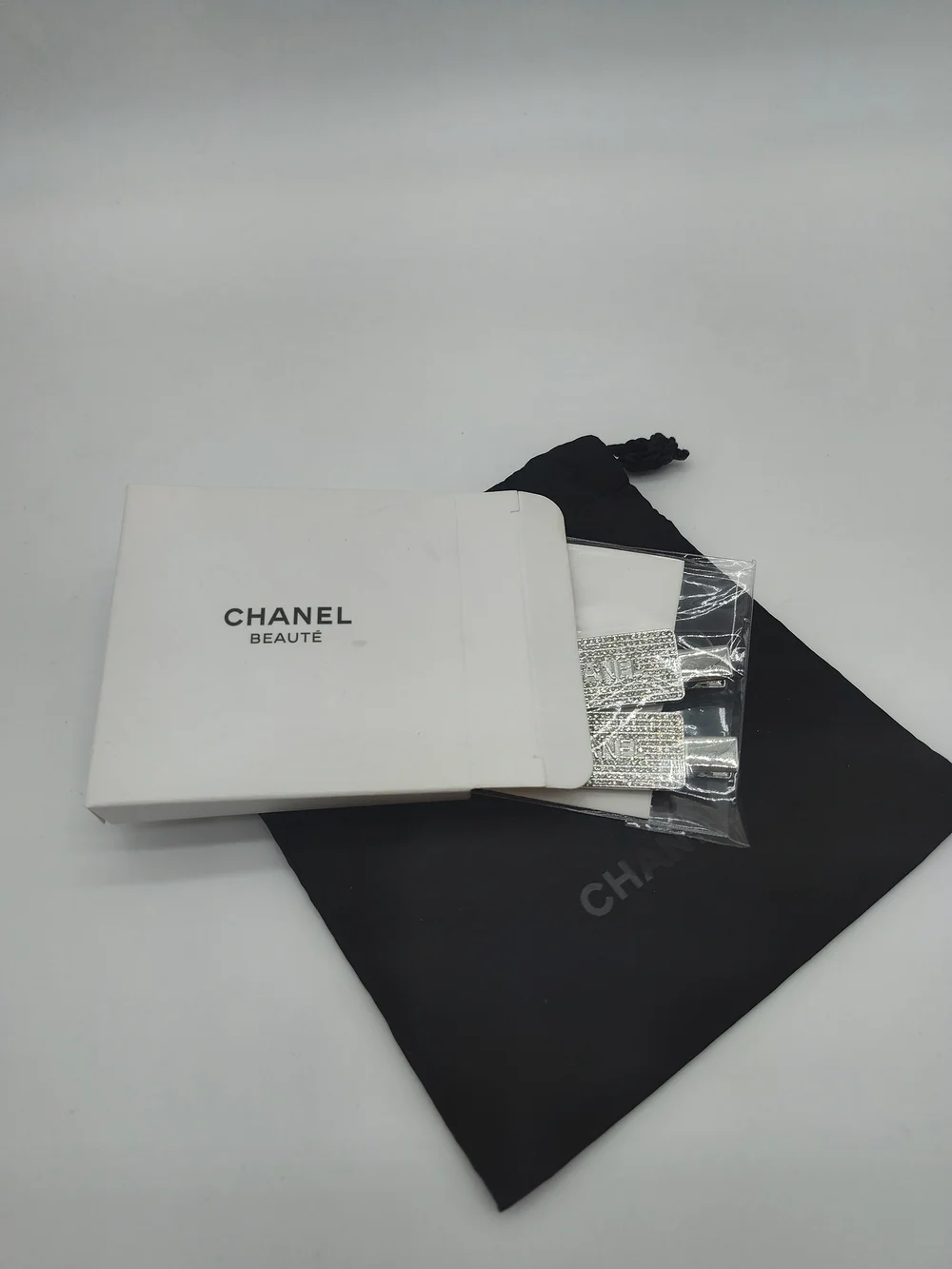 CHANEL Beauté Crystal Hair Clips Pair Box Dust Bag Silver Collectible Gift NWT